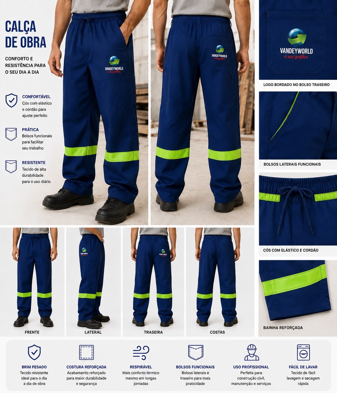 CALÇA DE OBRA COM FAIXA REFLETIVA - JEANS -