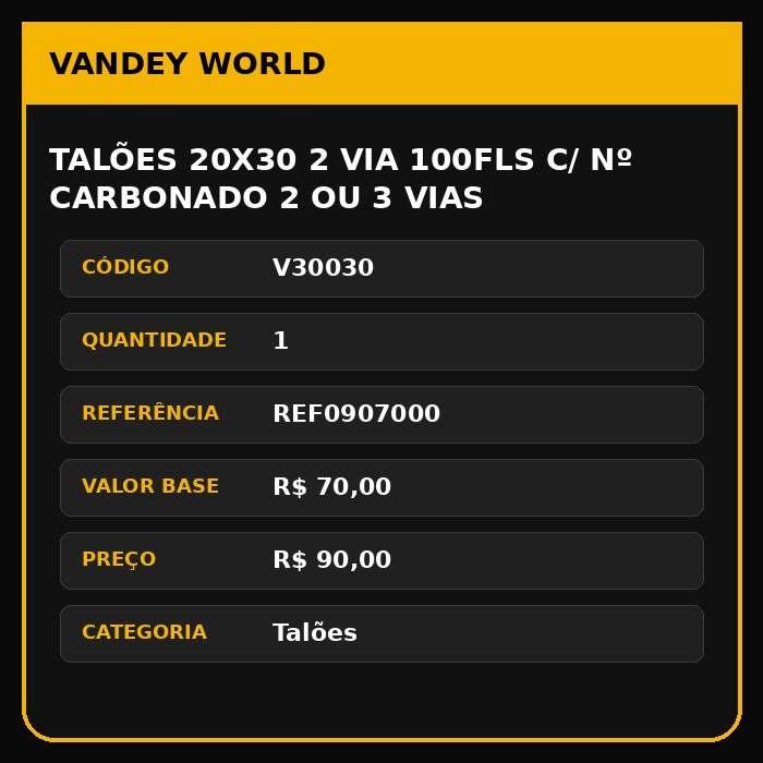 Talões 20X30 2 Via 100Fls C/ Nº CARBONADO 2 OU 3 VIAS