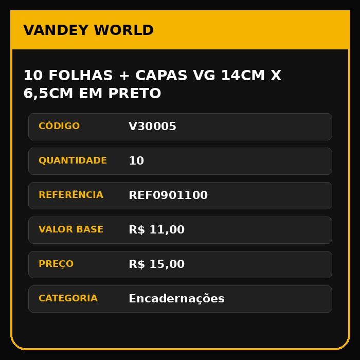 10 FOLHAS + CAPAS VG 14CM X 6,5CM EM PRETO