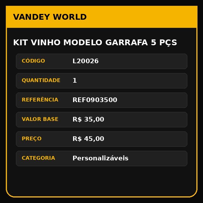 KIT VINHO MODELO GARRAFA 5 PÇS