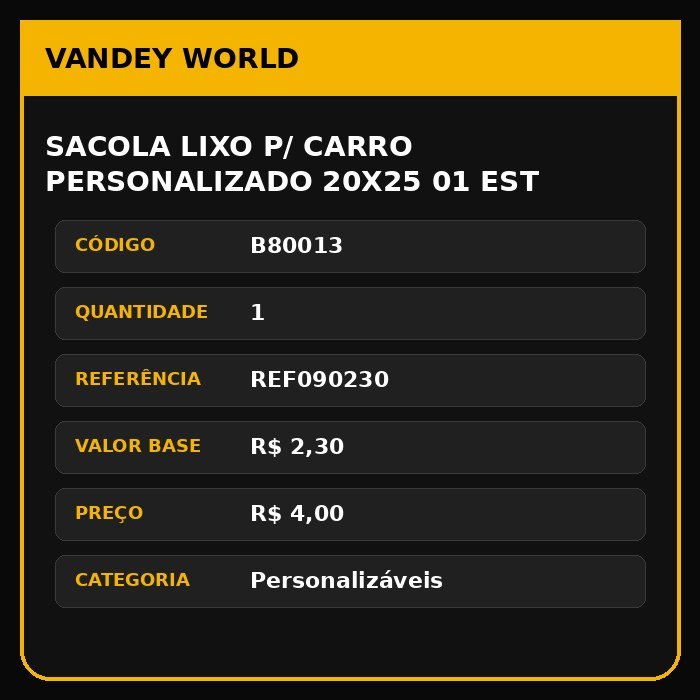 SACOLA LIXO P/ CARRO PERSONALIZADO 20X25 01 EST